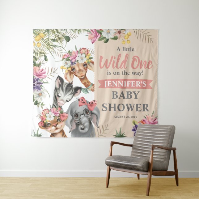 Tenture Panneau de fond de Baby Shower Fille Animaux de Sa (En situation (horizontale))