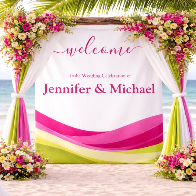 Tenture Panneau de mariage fuchsia et vert citron (Fuchsia and Lime Green Wedding Sign Tapestry )