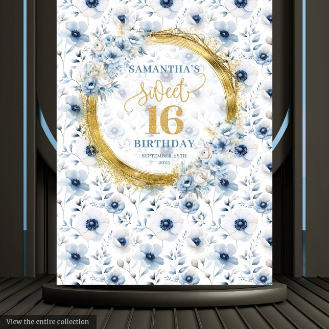 Tenture Panneau de Parties scintillant classique en Sweet  (Classic Dusty Blue Sweet Sixteen Gold Glitter Sign Tapestry)
