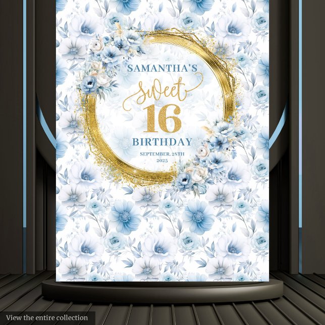Tenture Panneau de Parties scintillant or Sweet sixteen bl (Unique Light Blue Sweet Sixteen Gold Glitter Sign Tapestry)