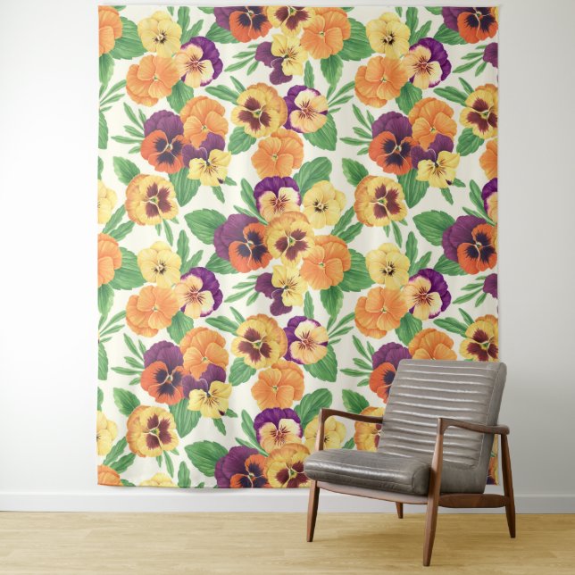Tenture Pansies sur blanc cassé (En situation)