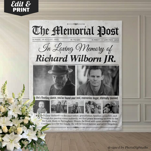 Tenture Papier commémoratif personnalisé fond avec photos (Custom Memorial Newspaper Backdrop with Photos)