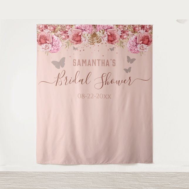 Tenture Papier Peint Fleurs Papillons Rose Lavage de Noces (Devant)