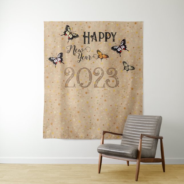 Tenture Papillon d'année nouvelle rustique à typographie é (En situation)
