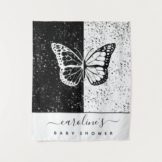 Tenture Papillon élégant noir et blanc Baby Shower à pois (Devant)