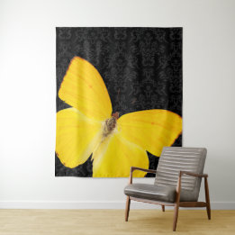 Tenture Papillon jaune élégant sur fond en damas noir Tapi
