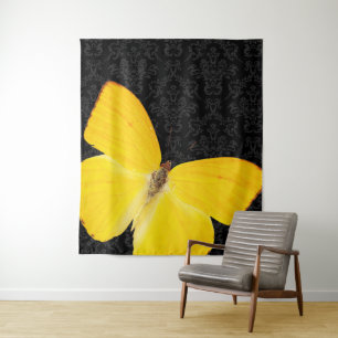 Tenture Papillon jaune élégant sur fond en damas noir Tapi