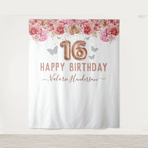Tenture Papillons Floraux Rose Joyeux 16e Anniversaire Tap