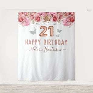Tenture Papillons Floraux Rose Joyeux 21e Anniversaire Tap