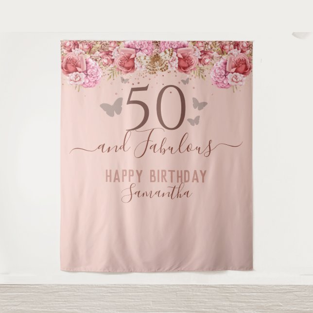 Tenture Papillons floraux rose joyeux 50e anniversaire (Devant)