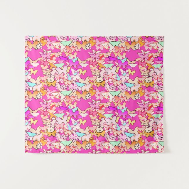 Tenture Papillons, Pastels sur Fuchsia rose (Devant (Horizontal))