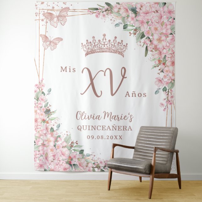 Tenture Papillons Roses en fleurs de cerisier Quinceañera (En situation)
