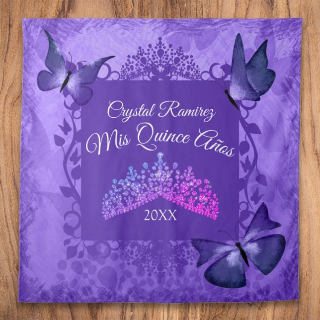 Tenture Papillons violets, fond pour Quinceanera avec une  (purple quinceanera party backdrop back drop drape tapestry tiara crown welcome quince sign banner)