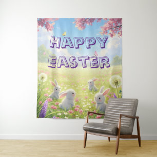 Tenture Pâques Lavande Mignon Lapin Blanc Floral Printemps