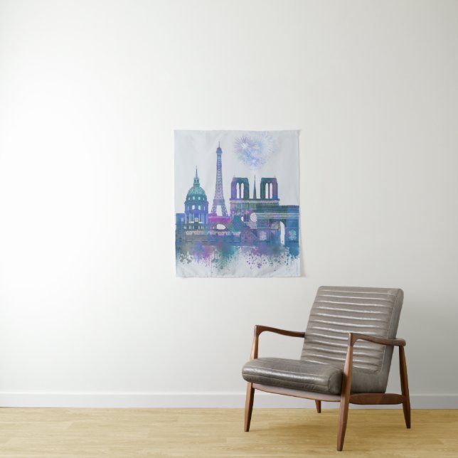Tenture Paris Skyline - Aquarelle bleu (En situation)