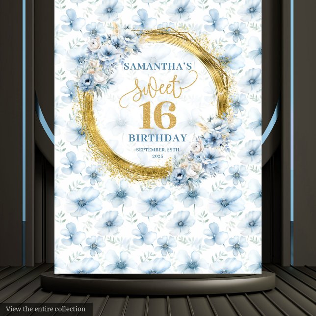 Tenture Parties scintillant d'or de Sweet sixteen bleu cla (Personalized Light Blue Sweet Sixteen Gold Glitter Tapestry )