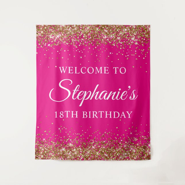 Tenture Parties scintillant d'or Hot rose 18e anniversaire (Devant)