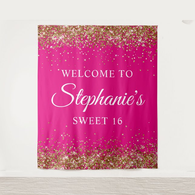 Tenture Parties scintillant d'or Hot rose Sweet 16 Anniver (Devant)