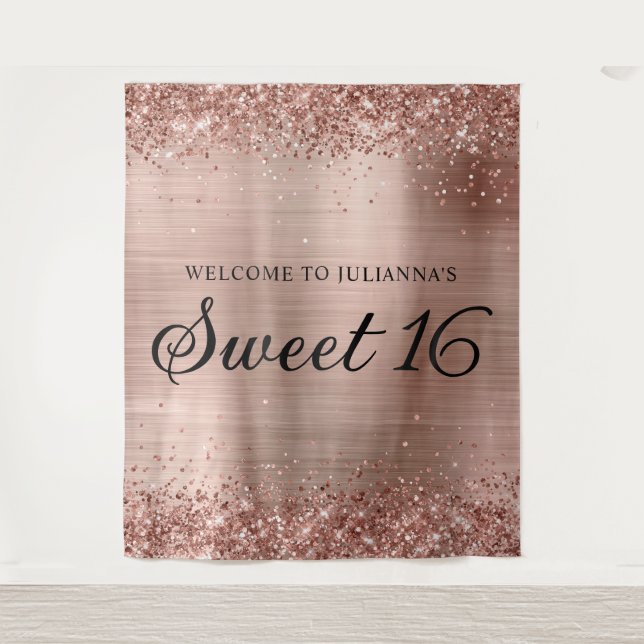 Tenture Parties scintillant or rose et Foil Sweet 16 Bienv (Devant)