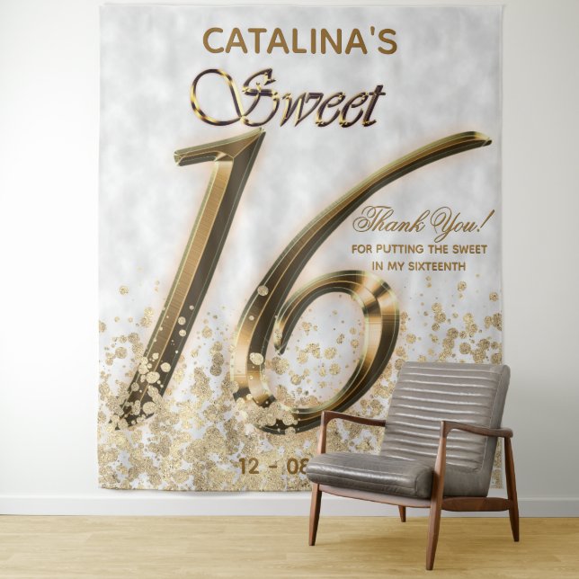 Tenture Parties scintillant sweet sixteen Gold Faux Foil (En situation)
