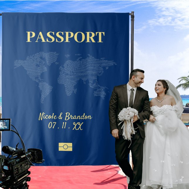 Tenture Passeport bleu et jaune Destination Mariage (Blue & Yellow Passport Destination Wedding Tapestry)
