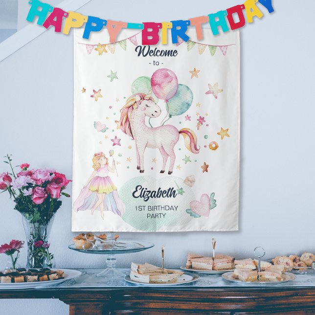 Tenture Pastel Fairy Balloon Unicorn Girl Birthday Welcome (Pastel Fairy Balloon Unicorn Girl Birthday Welcome Tapestry)