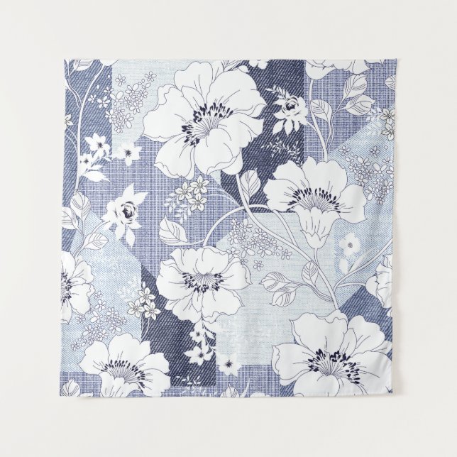 Tenture Patchwork de fleur de denim, motif sans soudure. (Devant)