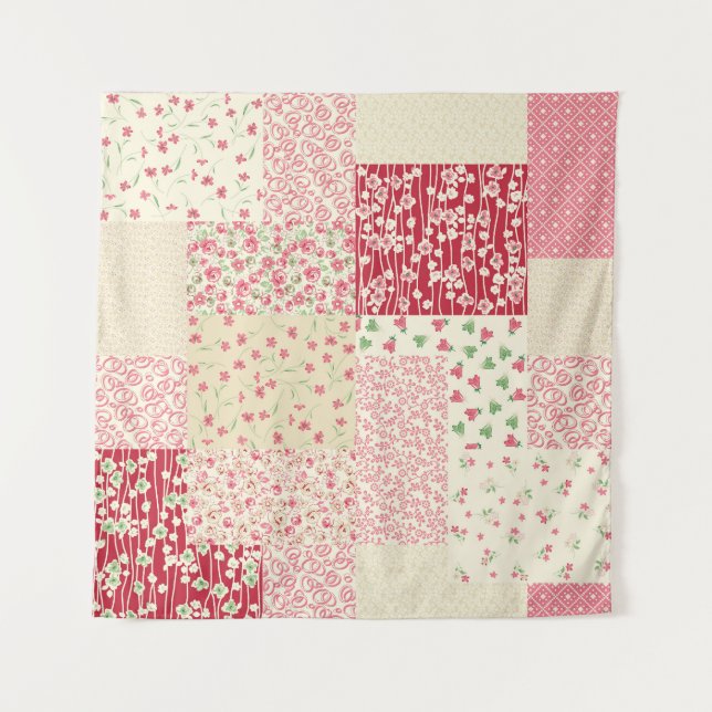 Tenture Patchwork Floral : Ornements dessinés à la main. (Devant)