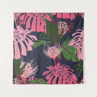 Tenture Paume tropicale exotique vert et rose feuilles et 