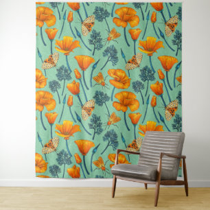 Tenture Pavot et papillons de nuit de Californie sur jade