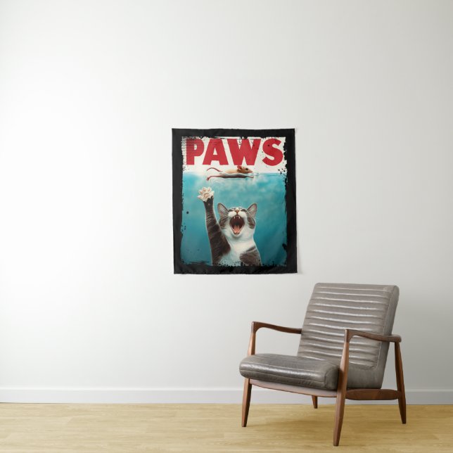 Tenture PAWS Cat Kitty Parodie De L'Affiche De Film Jaws (En situation)