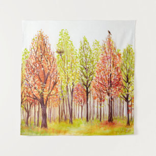 Tenture Paysage aquarelle avec arbres d'automne