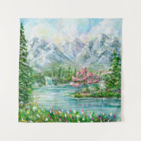 Paysage de montagne de printemps. Main acrylique o