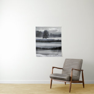 Tenture Paysage et arbre d'hiver, noir et blanc - art
