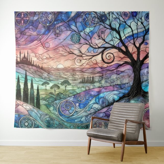 Tenture Paysage Fantastique avec Arbre et Coucher de Solei (En situation (horizontale))