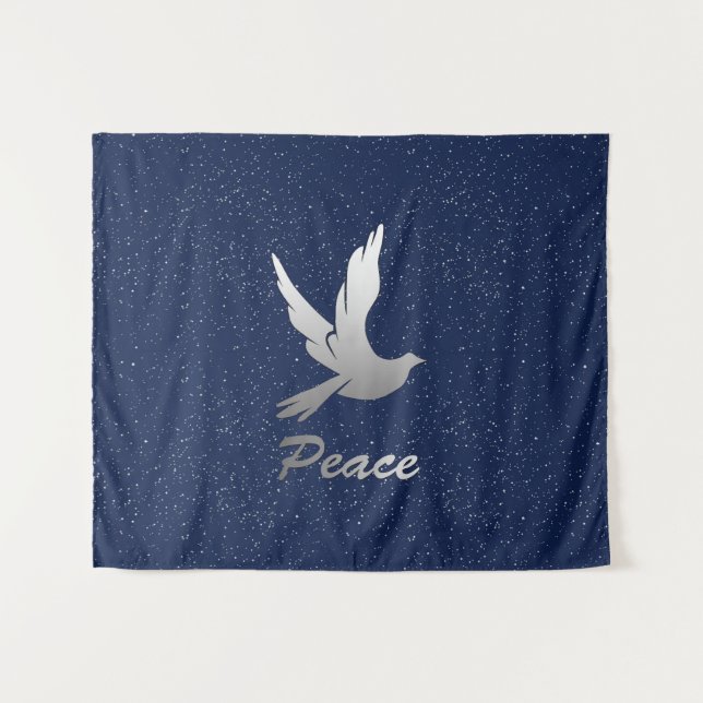 Tenture Peace Dove en argent sur un Arrière - plan étoilé (Devant (Horizontal))