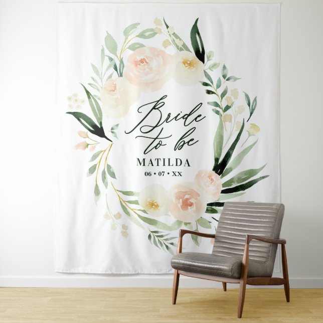 Tenture Pêche + aquarelle verte mariée florale à (En situation)