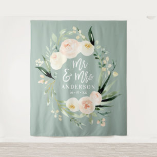Tenture Pêche + vert M & Mme mariage floral aquarelle