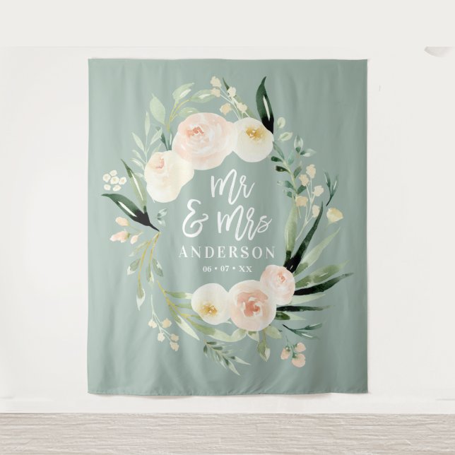 Tenture Pêche + vert M & Mme mariage floral aquarelle (Devant)