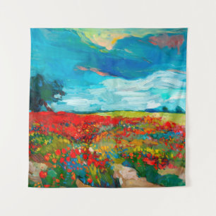 Tenture  peinture à l'huile de champs de fleurs sur toile.