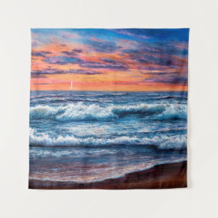 Tenture peinture à l'huile d'Océan et plage sur toile. g