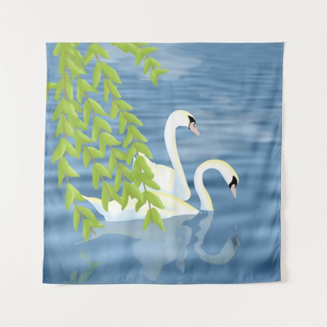 Tenture Peinture Couple bleu et vert de cygnes sur le lac (Devant)