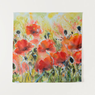 Tenture Peinture de fleurs de pavot rouge couleur eau. Fle