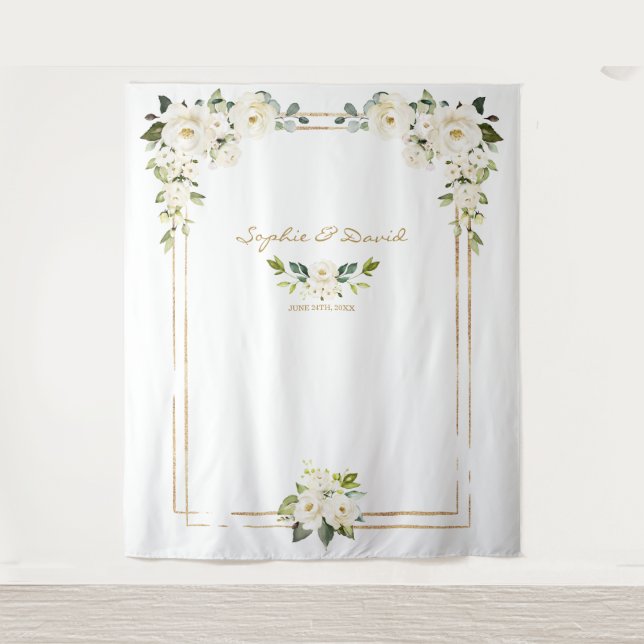 Tenture Peonies blanches roses Gold Bloom Photo Booth Mari (Devant)