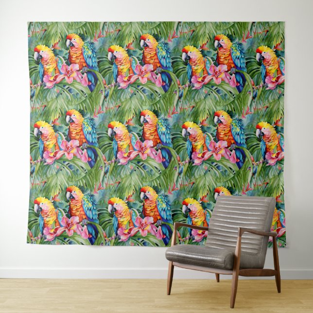 Tenture Perroquets verts, rouges, bleus et fleurs tropical (En situation (horizontale))