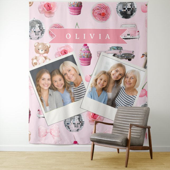 Tenture Personalized Pink Coquette Retro Cute Teddy Bear  (En situation)