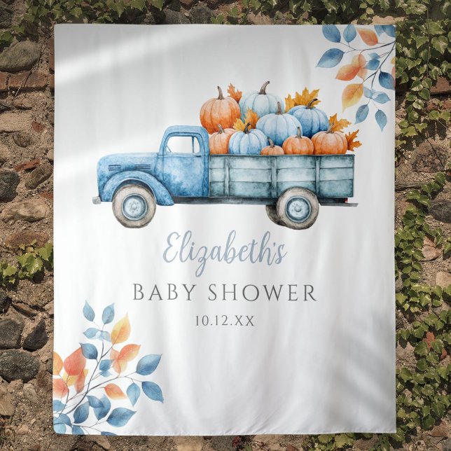 Tenture Petit Baby shower bleu Citrouille arrière-plan pho (Little Pumpkin Blue Baby Shower Photo Backdrop)