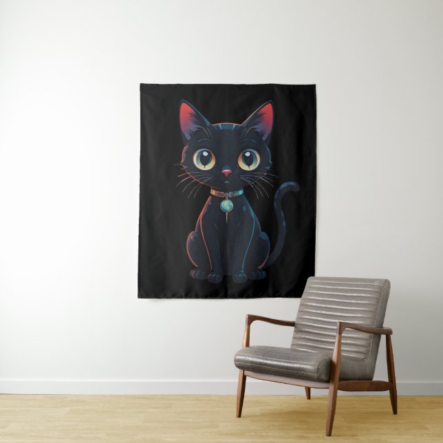 Tenture Petit Chat Noir Effrayant (En situation)