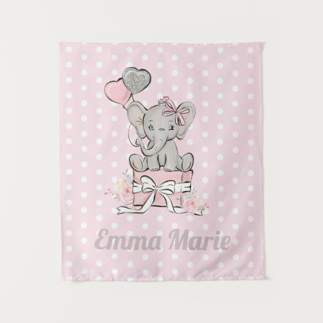 Tenture Petite fille Eléphant rose Ballons d'argent Nom (Devant)