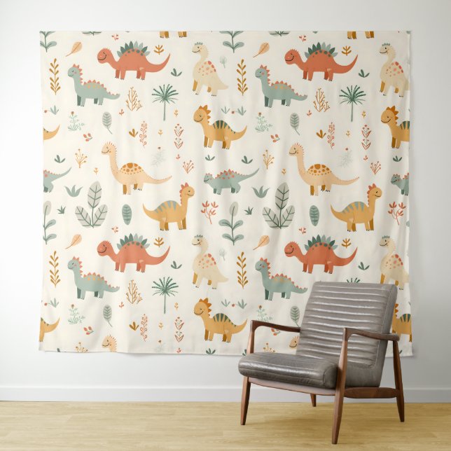 Tenture Petits Dinosaures Beige Neutre Tons (En situation (horizontale))